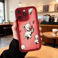 Cubierta de telefono con borde negro y parte trasera roja con estampado de perros blancos comiendo fresas diseño divertido para uso diario en cafeterias y salones Aplicable a los teléfonos de la serie Apple y Galaxy - Café integral - Ver 5