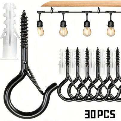 2026 30Pcs/15pairs White Board Heavy-Duty Q-Shaped Ceiling Hooks - Rust-Proof Metal Hanging Hooks With Easy Installation, For Christmas Wreaths, Halloween Lights, Plants, Flower Baskets, Wind Chimes - Indoor/Outdoor Decor - Black, Plant Hanging, Decorative Hooks Classroom Desk Accesorries