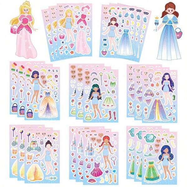8 Stück/Set Märchenprinzessin Wechselgesicht Aufkleber DIY Puzzle bunte Aufkleber Cartoon Mädchen Puzzle Aufkleber