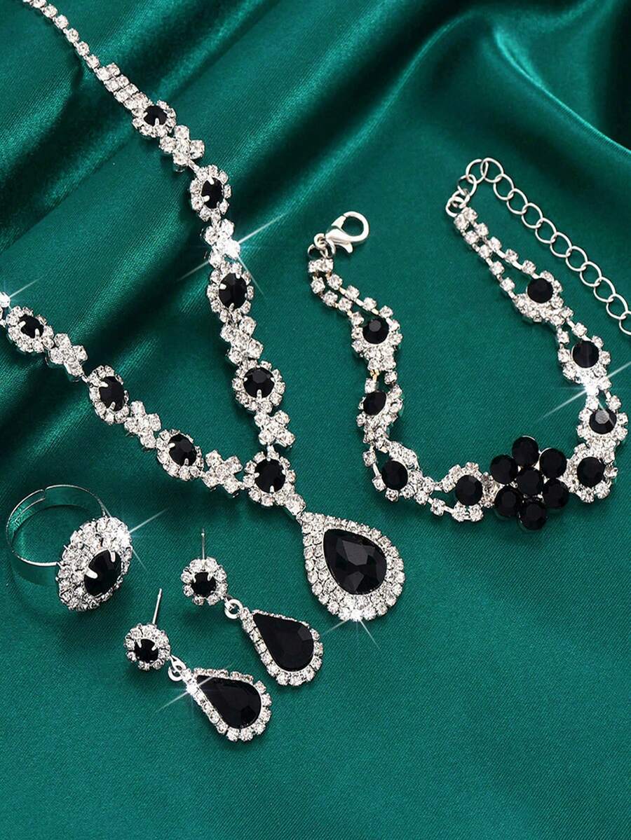 مجموعة مجوهرات فاخرة متعددة الألوان من الأحجار الكريمة 1 طقم، تشمل أقراط وسوار وخاتم وقلادة 4 قطع، مناسبة للنساء لارتدائها في المناسبات الخاصة كالخطوبة والزفاف والحفلات الراقية وعيد الميلاد وعيد الهالوين وحفلات عيد الميلاد