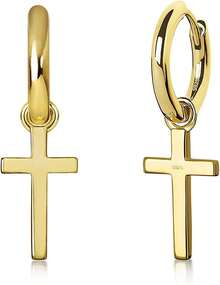 KRKC&CO Aretes Hombre de Oro, Aretes de Cruz, Arracadas de Plata S925 Oro Blanco, 15mm Pendientes, Regalos Dia Del Padre, Joyería de Mujer y Hombres,26730228 - Verde - Ver 1