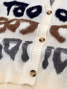 Áo khoác cardigan dệt kim dài tay cài nút, kiểu dáng thường ngày dễ thương dành cho nữ, thêu chữ 3D, thích hợp cho phong cách đường phố mùa thu/đông và đi học. - Màu be - Xem 5