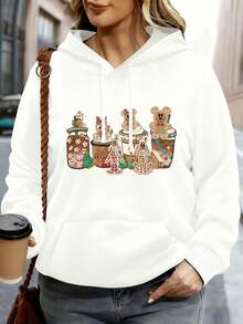 Disney Women Hoodie White Gingerbread Mickey Mouse And Friends Christmas Cup Pattern Casual Winter Sweatshirt For Holiday Outing - 白色 - 查看 1