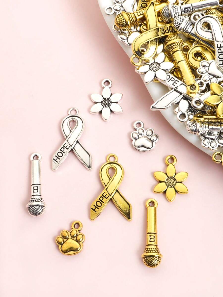 20个创意复古合金吊坠 - 麦克风/爪印/六瓣花/HOPE丝带设计，男女摇滚嘻哈可爱俏皮项链手链钥匙扣DIY多风格吊坠 - 中性风饰品工艺品制作配件批发