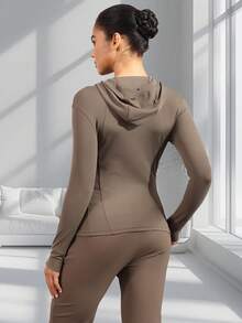 Women's Hooded Long Sleeve Sports Jacket With Thumbholes With Pockets, Breathable Athletic Casual Pullover, Sportswear, Fitness Clothing, Yoga Jacket, Fitness Clothing, Long Sleeve Cycling Sweatshirt, Women's Outdoor Sports Running Tops, Women's Yoga Hoodie Suitable For Running, Fitness, Yoga, Everyday Leisure - Cà phê nâu - Xem 2