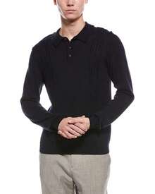 Bruno Magli Cable Front Merino Wool Polo Sweater - Navy - 查看 2