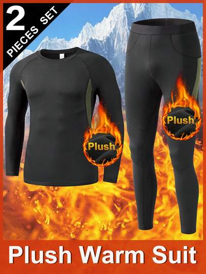 2pcs Men's Thermal Underwear Set, Black Long Sleeve Crew Neck Top And Long Pants, Fashionable Slim Fit Thermal Lining Autumn/Winter Base Layer, Warm Compression Activewear For Sports, Fitness, Running, Cycling, Skiing
