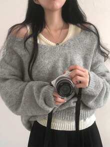 两件套春季休闲叠穿针织背心+柔软宽松长袖毛衣