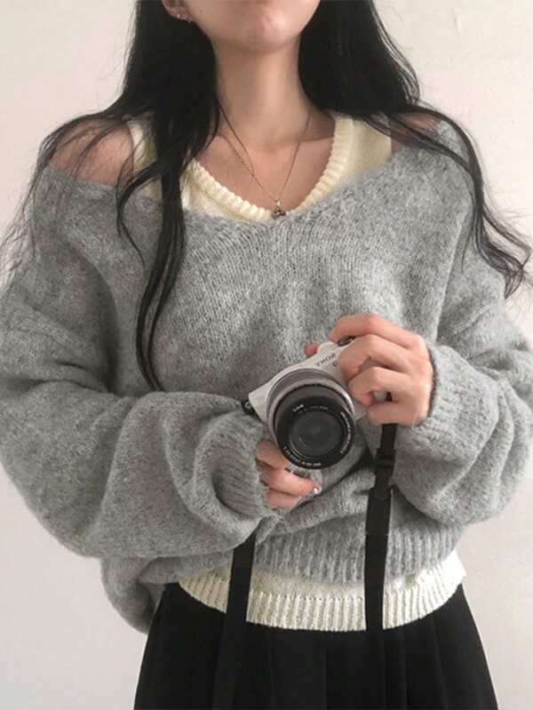 两件套春季休闲叠穿针织背心+柔软宽松长袖毛衣