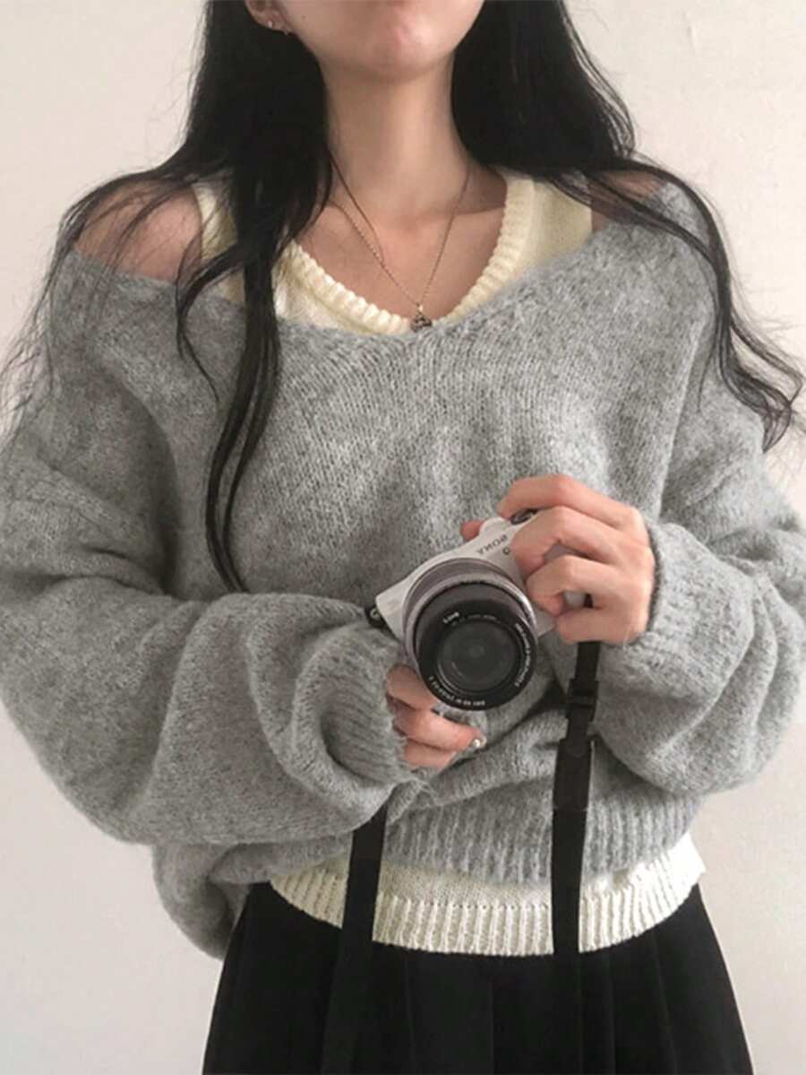 两件套春季休闲叠穿针织背心+柔软宽松长袖毛衣