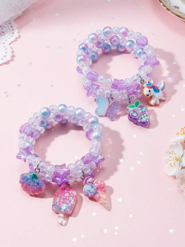 6pcs/Set Girls' Cute Unicorn, Butterfly, Fruit Charm Bracelet Jewelry Set, Colorful Beaded Children's Bracelet Accessories For Holiday Party Birthday Gift, Random Color