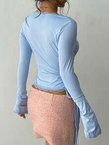 女士纯色修身蕾丝边系带袖口长袖衬衫 春季 - 藍色 - 查看 2