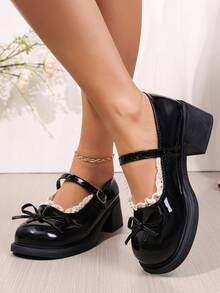 2025新款女士PU皮玛丽珍鞋：粗跟、防水台、圆头、蝴蝶结装饰、系带设计，舒适休闲日常鞋。适合日常穿着、度假、鸡尾酒会和通勤。 - 黑色 - 查看 3