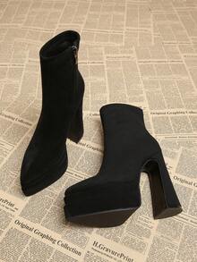 2026 Spring/Autumn New Elegant Black & Brown European Style Boots For Women, Thick Heel Super High Heel Pointed Toe Fashion Ankle Boots For Autumn/Winter - Black - View 1