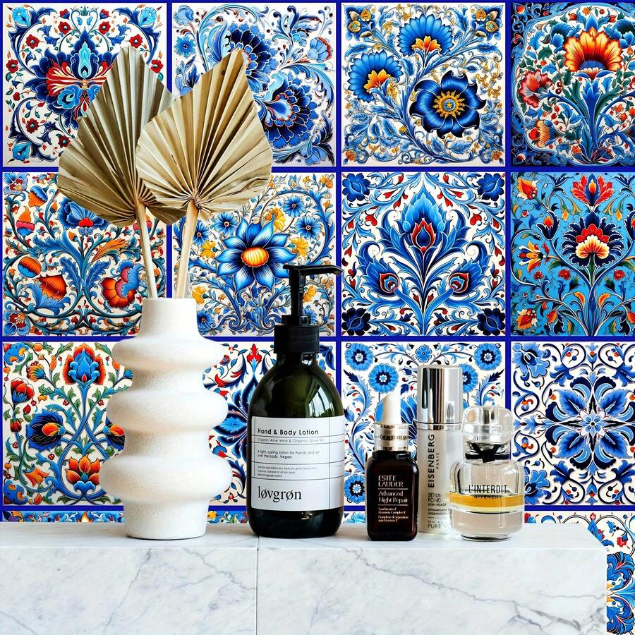 20 sztuk wodoodpornych, eleganckich, niebiesko-białych naklejek na kafelki z motywem indyka - 3,93" x 3,93" w stylu oceanicznym do kuchni i łazienki