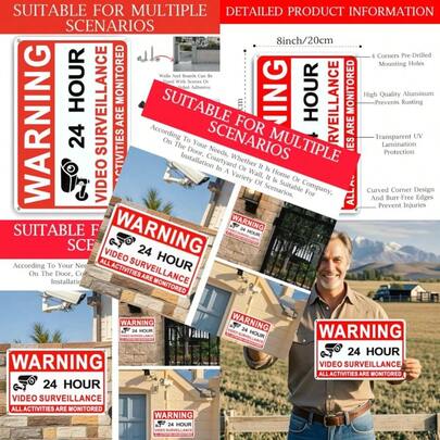 4 Pack Video Surveillance Signs 8 X 12 Inch Aluminum Camera Signs CCTV Security Camera Sign Made Of Reflective Material Durable Weatherproof Easy To Install Suitable For Home/Business Use