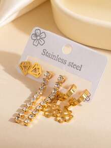 Set de 3 pares de pendientes de acero inoxidable con flecos y circonita cúbica dorada, pendientes de mujer con diseño de flor y corazón brillantes, adecuados para uso diario, banquetes, bodas y fiestas