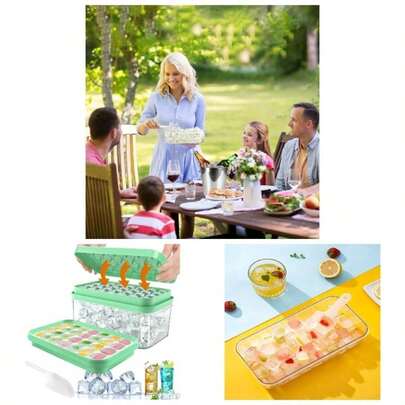 Cubiteras para Hielo de Silicona Con Tapa Y Cubo, Cubitera Silicona de Grado Alimenticio Cuchara para Congelador, Fcil liberacin Apilables Bandeja de 28 Moldes de Silicona Hielo Con Tapa Y Cubitera