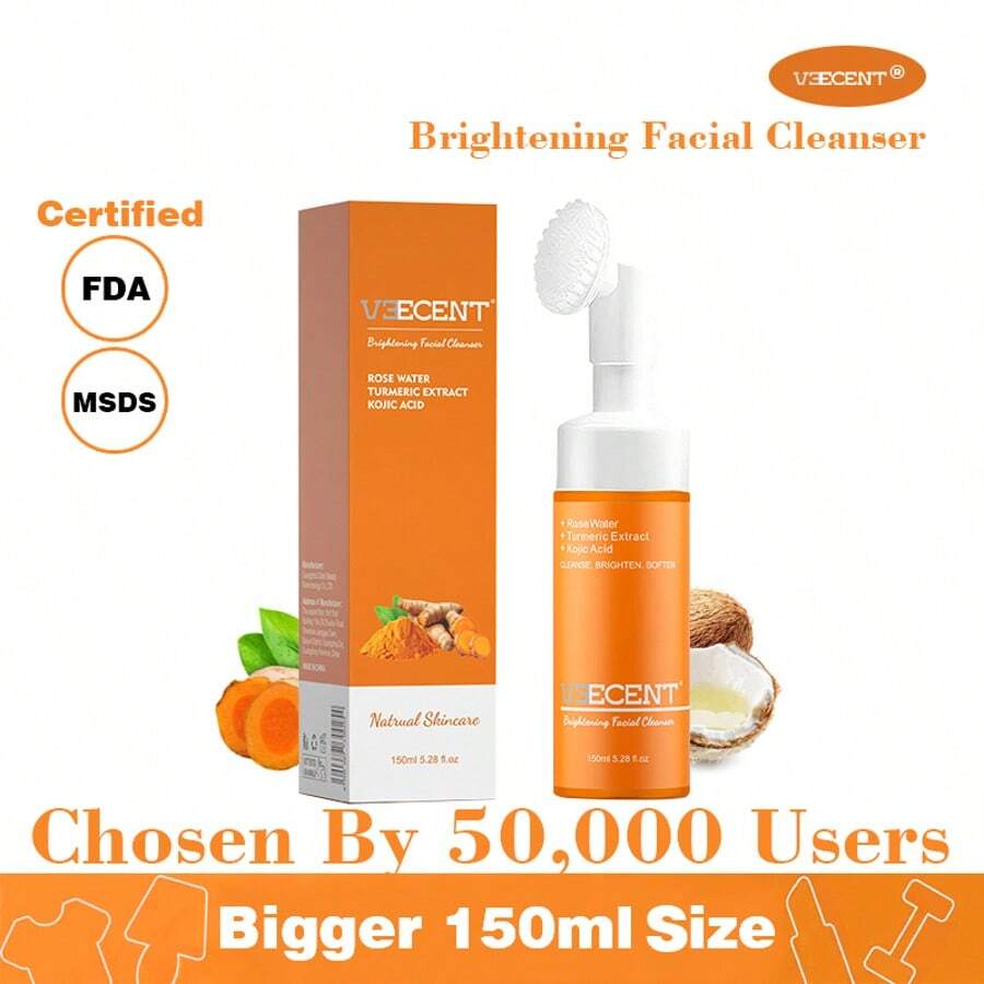 Veecent Turmeric & Kojic Acid Foaming Facial Cleanser Set With Silicone Brush – Gentle Deep Cleansing & Brightening Face Wash 150ml - 橘色 - 查看 1