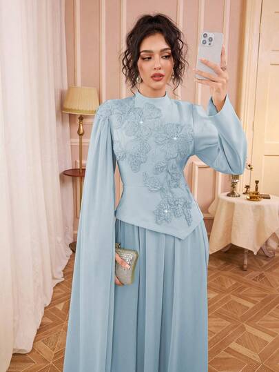 Women's Solid Color Stand Collar 2 In 1 Dress, Embroidered Floral Detail, Long Sleeve Maxi Dress With Flowing Sash, Elegant & Soft, Suitable For Parties, Banquets, Formal Occasions, Graceful & Sophisticated