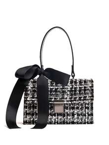 Women's Handbag/Shoulder Bag, Black & White Striped, Fashionable & Elegant Bow Decor Square Flap Closure, Suitable For Women, Girls, College Students