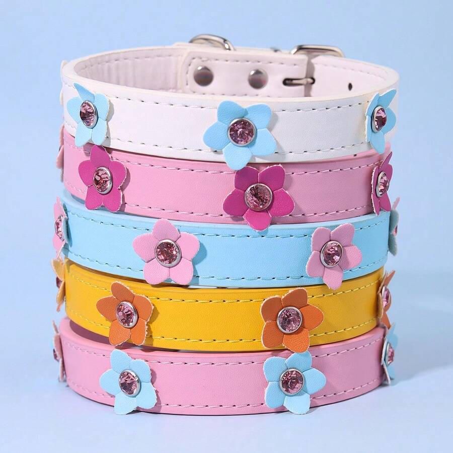 1件可调节PU皮革花朵水钻装饰宠物项圈，适用于猫、小型/中型/大型犬、吉娃娃、贵宾犬、德国牧羊犬、比特犬、腊肠犬，四季皆宜，白色