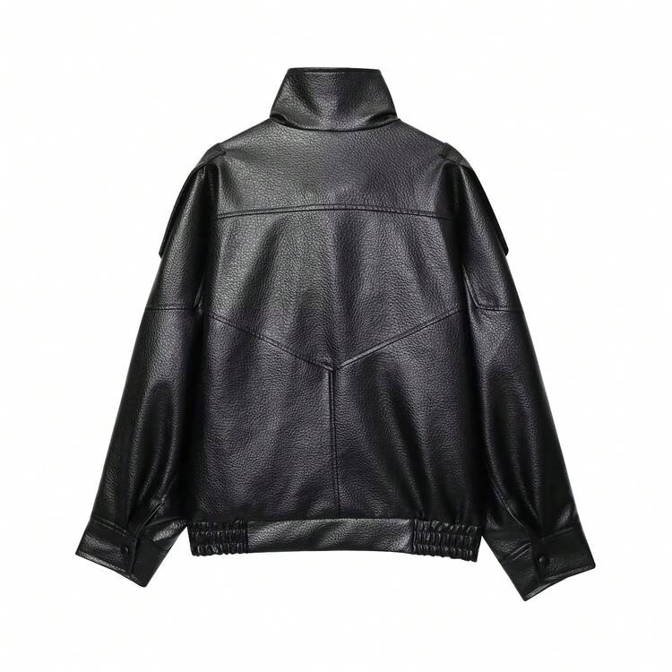 Jaqueta de Couro Solta Feminina para Outono e Inverno, Jaqueta de Motocicleta de Moda de Rua, Cor Sólida com Bolsos com Zíper Preto - Preto - Visão 7