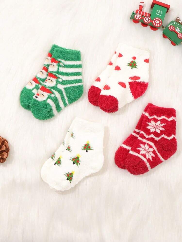 4 双婴儿圣诞老人驯鹿圣诞树中筒袜，柔软舒适，适合儿童休闲圣诞礼物，秋冬 - 彩色 - 查看 4