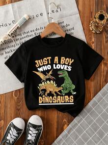 男童卡通恐龙印花圆领短袖休闲T恤 - 黑色 - 查看 2