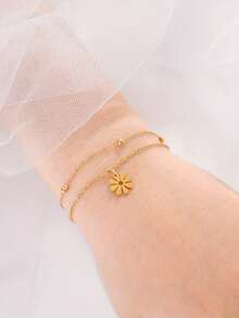 1pc Stainless Steel Women's Bow & Flower Chain Bracelet, Fashionable, Sweet And Minimalist, Suitable For Daily Wear - Bracelet - View 8