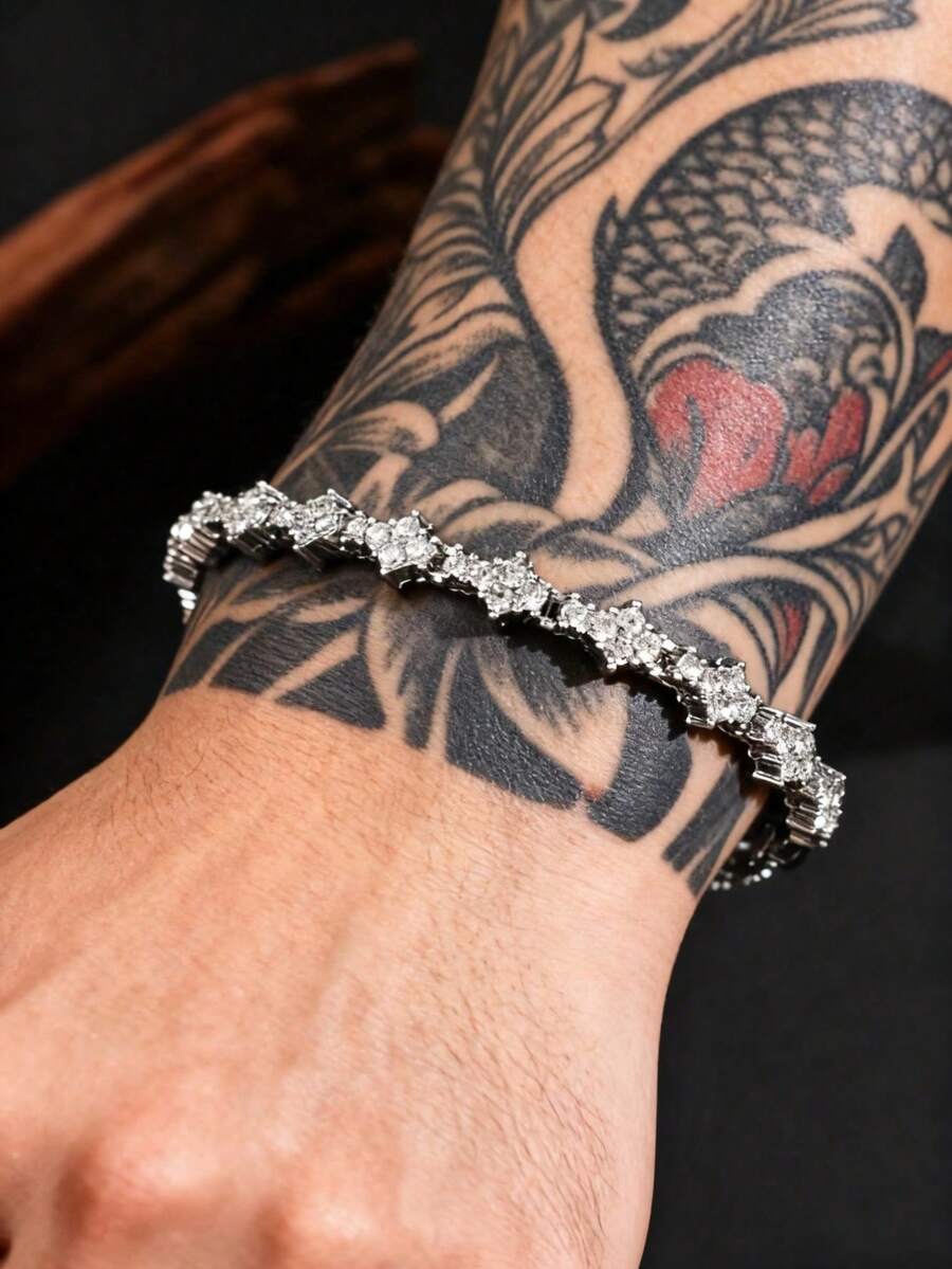 1pc Fashionable High-End Minimalist Unique Personalized Full Diamond Cross Flower Chain Men's Bracelet, Suitable For Daily Commute, Holidays, Parties, Men's Jewelry - Multicolor - View 1