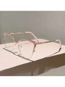 1 Pair Of Women's New Cat Eye Shaped Flat Glasses Fashionable Light Luxury Metal Frame  Retro Pink Glasses - 紅金色 - 查看 7