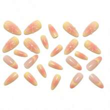 24Pcs Press On Nails Full Cover European-Style - Yellow Gradient With 3D Resin Flower, Premium Quality Reusable Artificial Nails, Glossy Finish & Easy To Apply, Cute Aesthetic For Birthday Party & Daily Outfits,  Manicure Accessories For Women & Girls - 粉色 - 查看 8