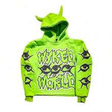 Harajuku Y2K Hoodie Casual Devil Horn Sweatshirt Streetwear Devil Corner Hoodie Unisex Loose-Fitting Street Style Pullover - Màu xanh chanh - Xem 9