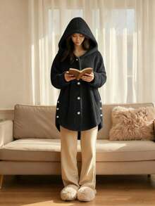 Cálido y acogedor cardigan con capucha y botones, chaqueta larga y holgada de uso casual para el invierno. Tela súper cálida y cómoda, ideal para el ocio y el uso navideño