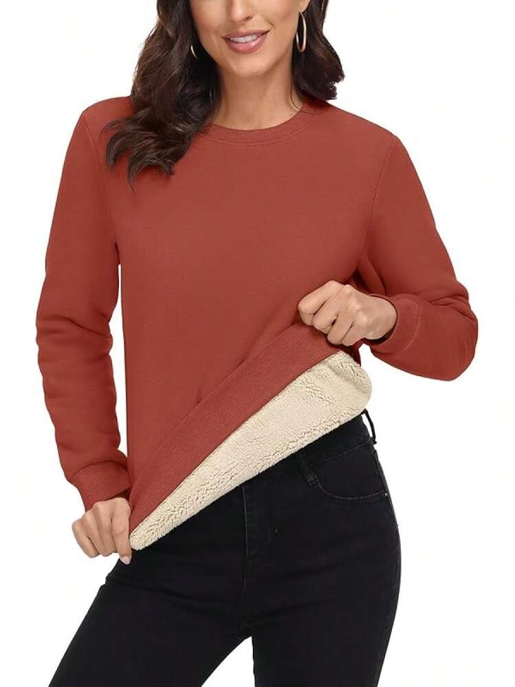 MAGCOMSEN Sudadera Térmica con Forro de Sherpa para Mujer, con Cuello Redondo, Forro Polar, Cálida Y Gruesa - Naranja Rojo - Añade 1