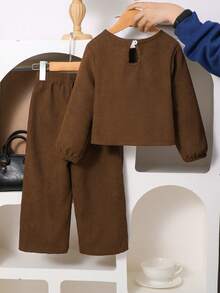 Conjunto de 2 piezas para niñas con top de manga larga estilo preppy casual con decoración de lazo y pantalones de pierna recta en color marrón vintage, para uso diario, vacaciones y regreso a la escuela en otoño/invierno - Marrón - Ver 2