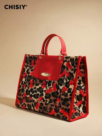 Handmade Vintage Wrist Small Niche Design Leopard Print Cherry Blossom Print Large Capacity Women Top Handle Zipper Handbag Shoulder Bag Crossbody Bag Suitable For Outdoor, Fitness, Travel, Overnight, Backpack, Youth, Street, Camouflage, Fashion, Personalized, Cool, Y2K