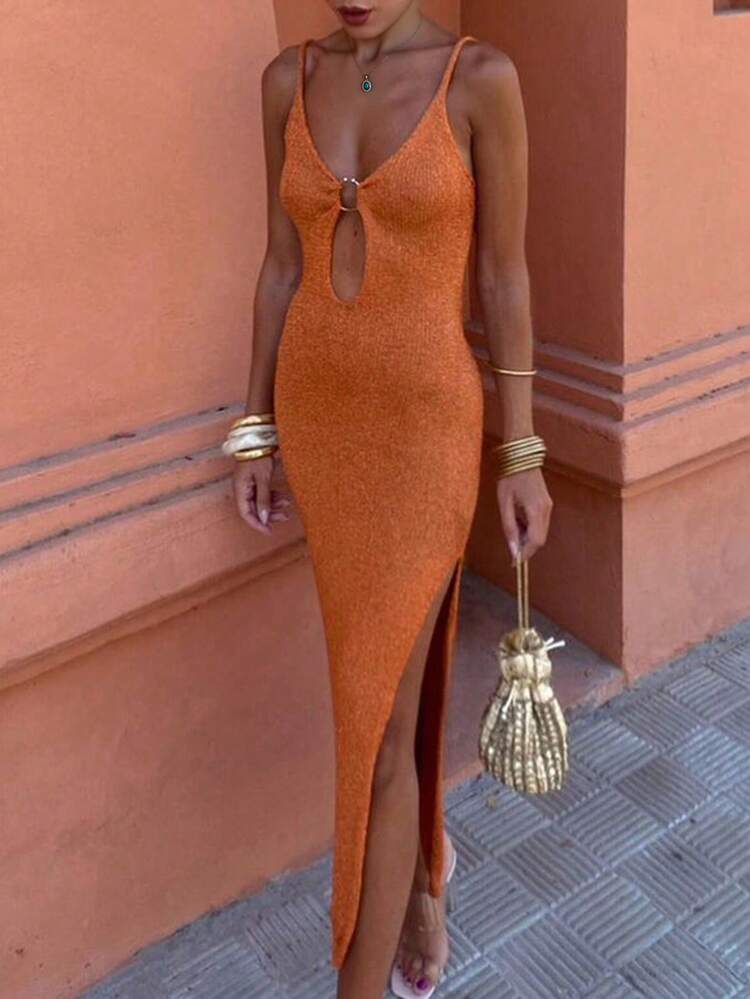 优雅女士时尚低胸修身针织连衣裙，沙滩罩衫，纯色性感时尚春夏连衣裙，海滩度假装，秋季连衣裙，秋冬长款派对连衣裙，适合圣诞节、感恩节和新年等场合 - 橘色 - 查看 8