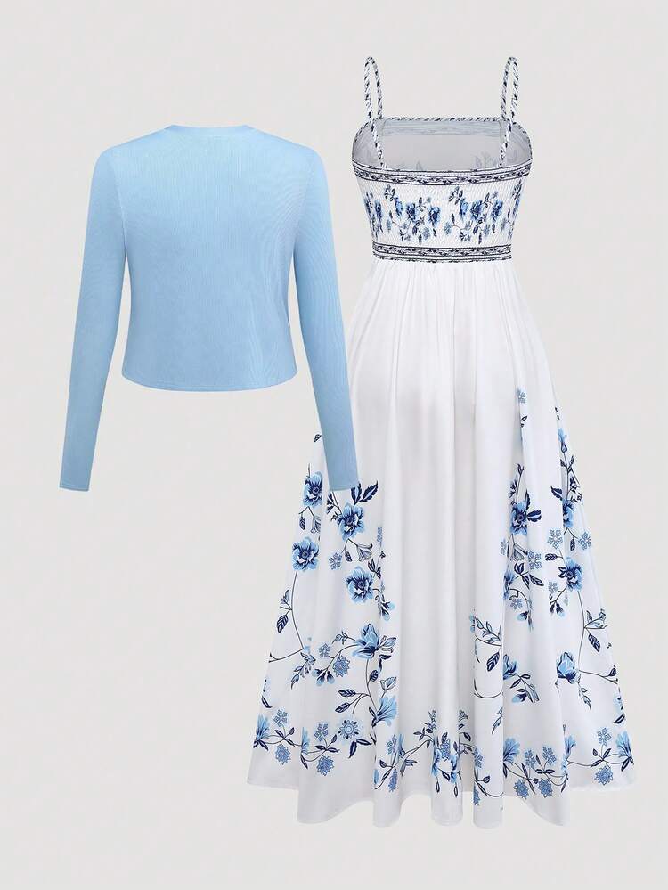 Women's Elegant Floral Print Waist Tie Dress With Knit Cardigan Set, Valentine's Day Outfit For Date - Blue - View 2