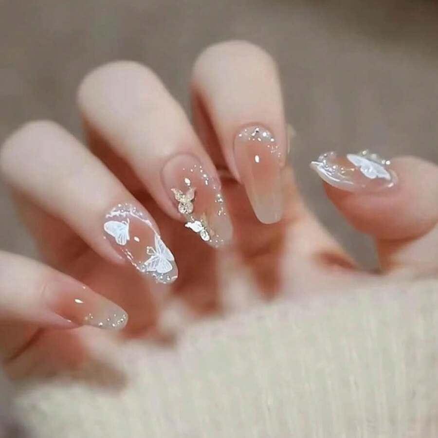 Blush Press On Nails Cute Coffin Medium Fake Nails Tips Full Cover Bling Cat Eyes False Nails For Women And FFgirls 24PCS{Inchcolor_nameinch:InchNails-06inch} - 指甲-06 - 查看 1