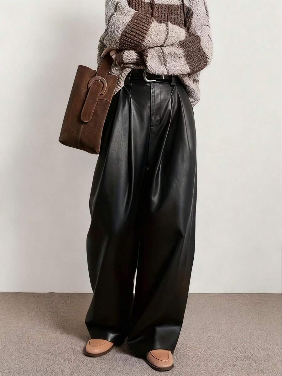Melard PU 皮革阔腿裤，休闲复古风，通勤时尚之选。 - 黑色 - 查看 1