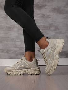 1 Pair Women's Contrast Color Lace-Up Sporty Fabric Chunky Sneakers, Outdoor Running Shoes, Fashionable & Versatile, All Season - Champagne - View 3