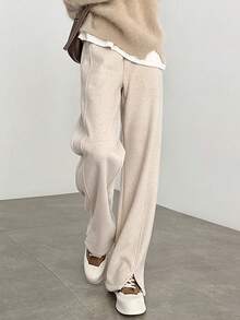 大码女式保暖内衬阔腿开衩裤，百搭休闲直筒裤，适合秋冬季节，秋季女装