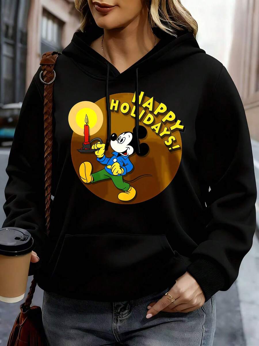Disney Hoodie White Mickey Mouse Happy Holidays Christmas Design Casual Winter Wear - màu đen - Xem 1