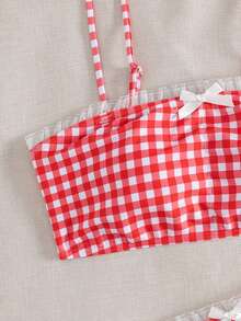 Summer Plaid Sexy Bohemian Spaghetti Strap Floral Trim Bikini Swimsuit Beach Vacation 2 Pieces Set - Red and White - View 6