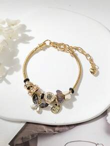 1pc Women's Multi-Color Heart & Butterfly Pendant Adjustable Bracelet (Rhinestone Position Random) - Black - View 2