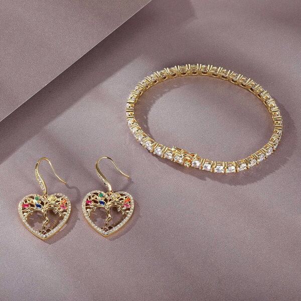 MDFUN 1pc Gold Fashionable & Versatile 4.0mm Zirconia Stone Bracelet + Hollow Heart Tree Of Life Zirconia Earrings Set, Suitable For Women's Daily Wear, Christmas Gift