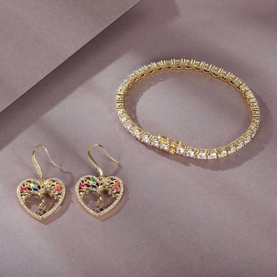 MDFUN 1 Peça Conjunto de Pulseira de Pedra de Zircônia Dourada Fashionable & Versátil de 4,0 mm + Brincos de Árvore da Vida de Coração Oco de Zircônia, Adequado para Uso Diário de Mulheres, Presente de Natal