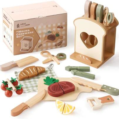 Robud 16-Piece Kids Role-Play Kitchen Knife Set – Wooden Montessori Cooking Toy For Toddlers, Pretend Cutting Food Playset With Chopping Board Gift For Boys & Girls Ages 3+